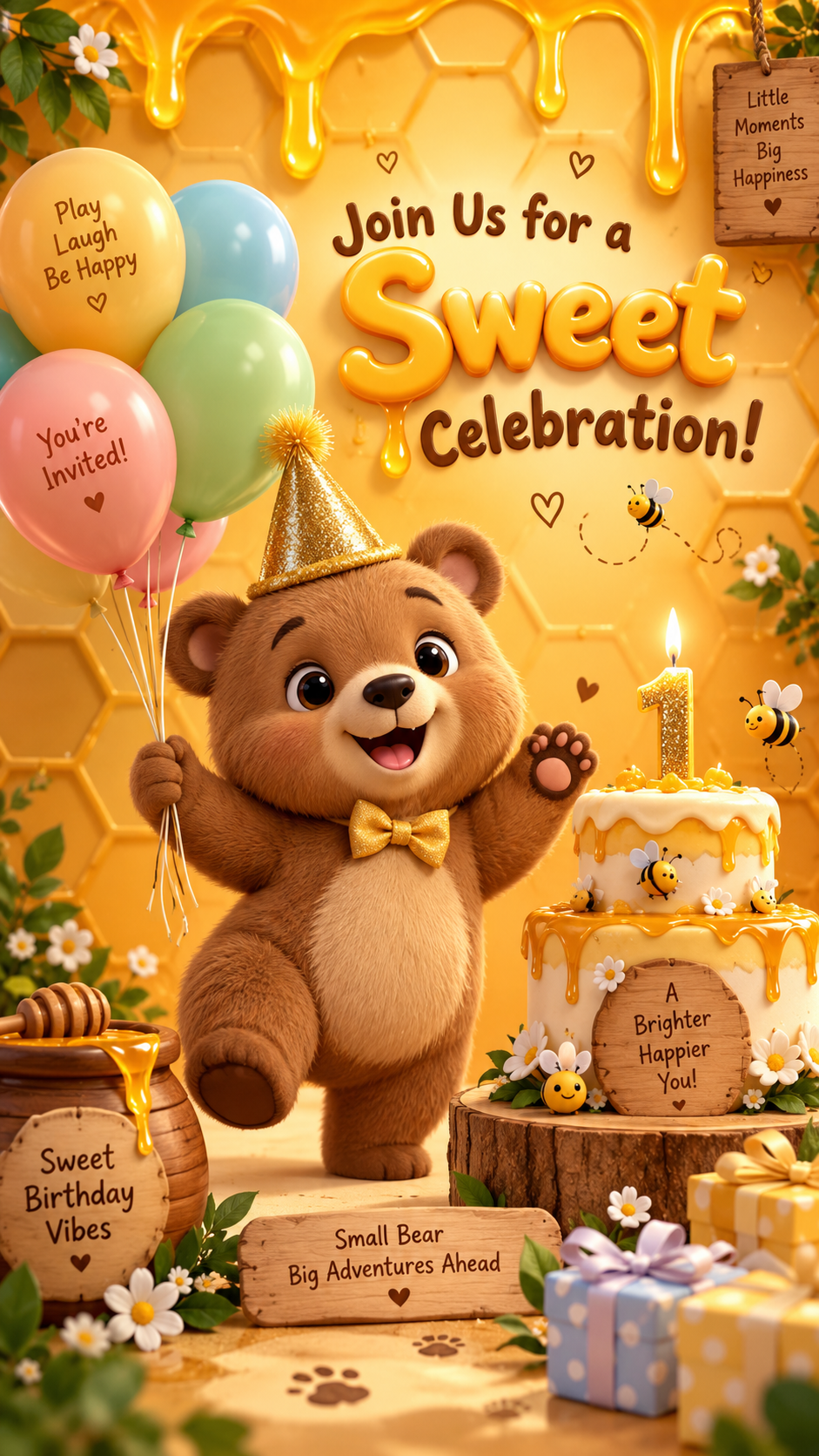 Honey Bear animated birthday party invitation